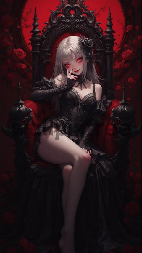 Gothic Lady on Throne with Red Roses