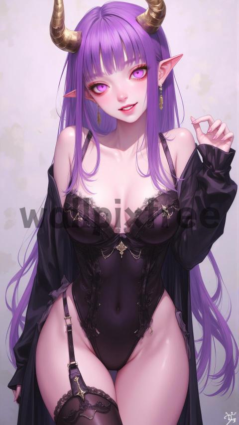 Purple Haired Demon Girl in Gothic Lingerie