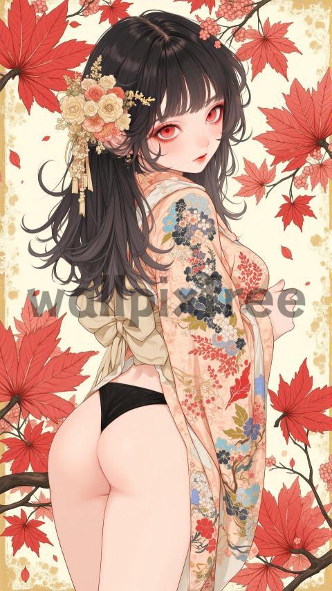 Anime Girl in Floral Kimono with Autumn Leaves