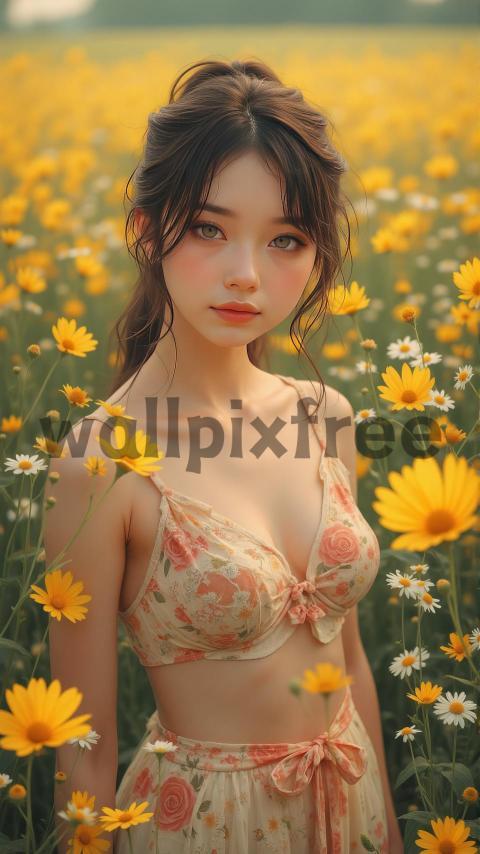 Woman in Floral Dress in Flower Field