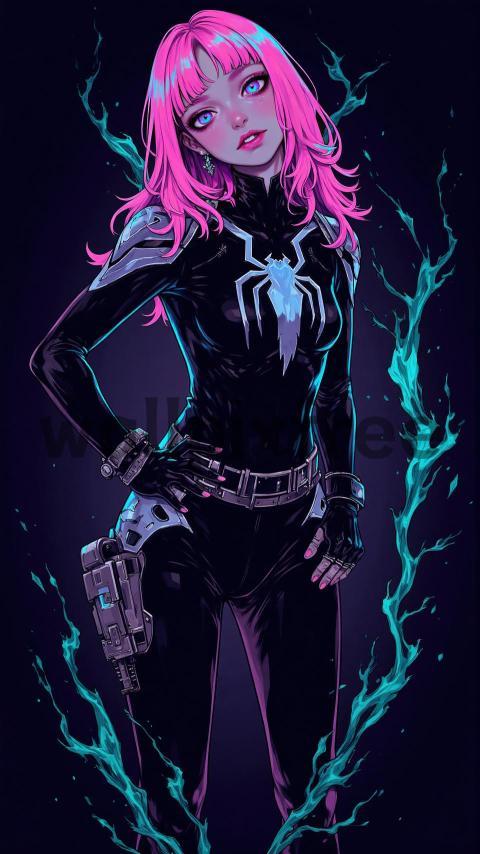 Anime Superhero with Pink Hair and Black Suit