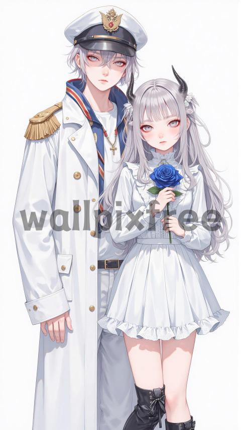 Anime Couple with Blue Rose and Uniform