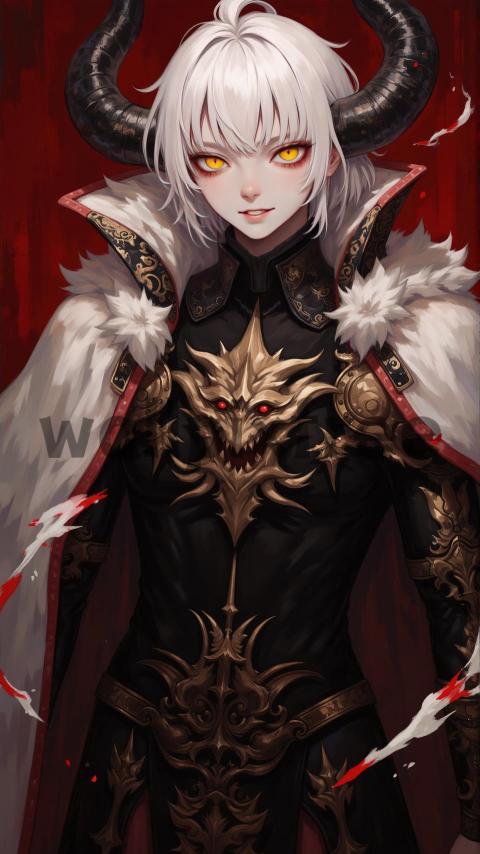 Demon Warrior with White Hair and Horns