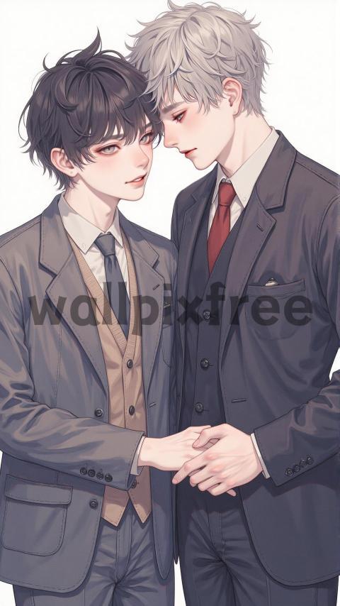 Anime Couple in Suits Holding Hands