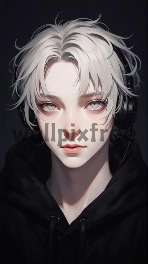 Anime Character with Headphones and White Hair