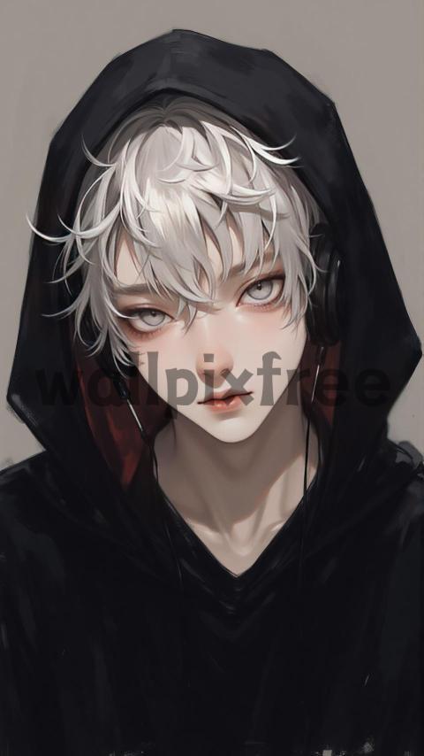 Anime Character with White Hair and Hoodie