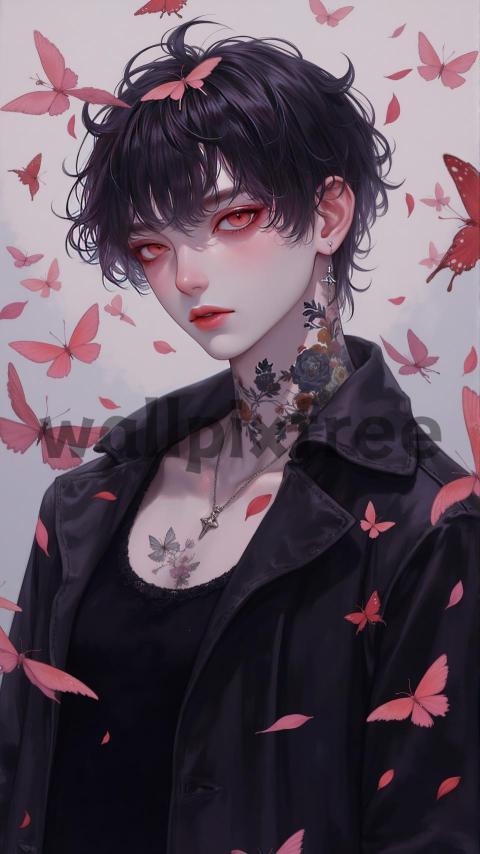 Anime Character with Butterflies and Tattoos