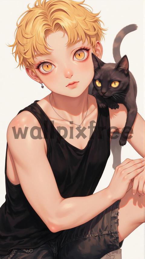 Anime Character with Black Cat