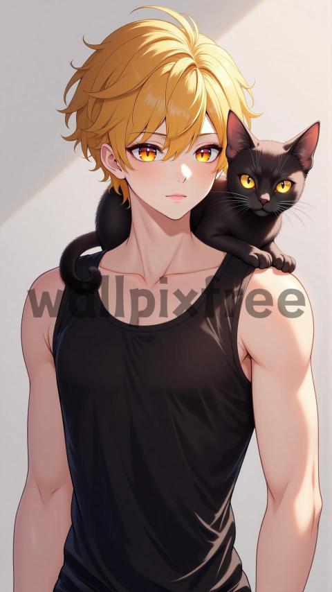 Anime Character with Black Cat on Shoulder