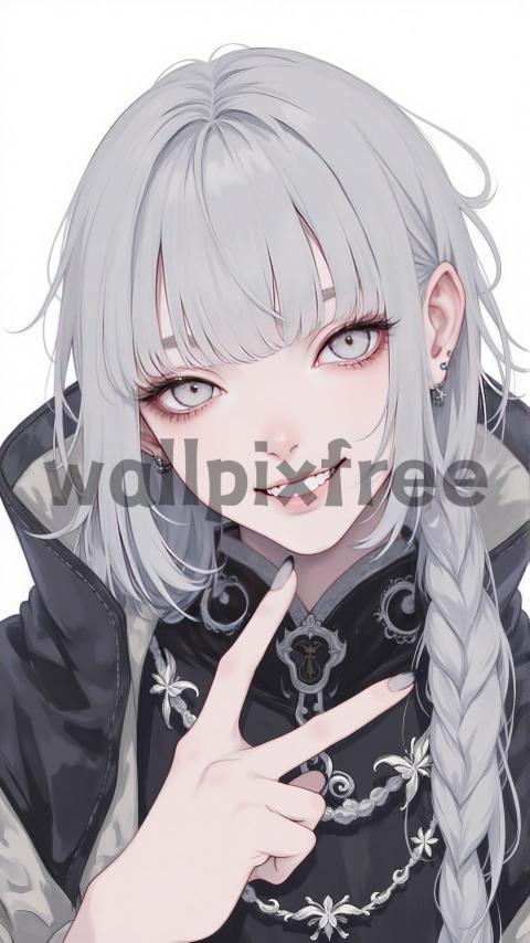 Anime Character with Gray Hair and Peace Sign