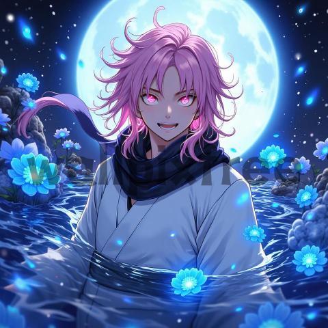 Anime Character in Moonlit Water with Flowers