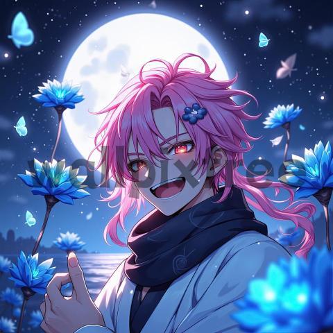 Anime Character with Pink Hair and Blue Flowers